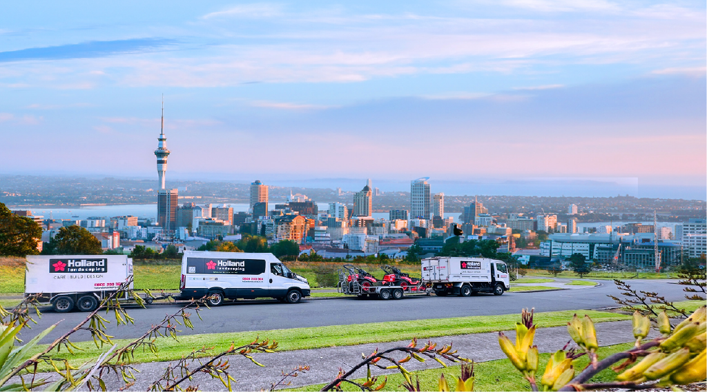 Holland Landscaping fleet on One Tree Hill with the Auckland CBD skyline at sunrise