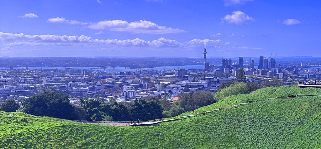 Auckland city skyline under a clear blue sky, with sweeping views across the city.