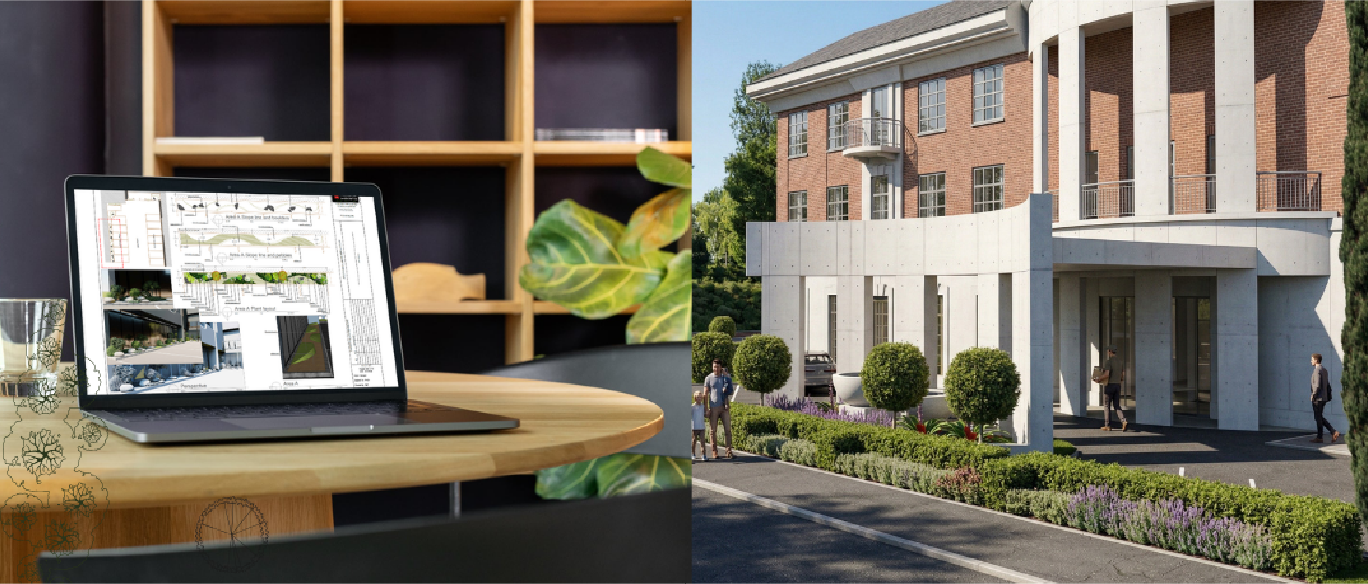 Landscape design perspective, commercial building facades showing hedges and foot path