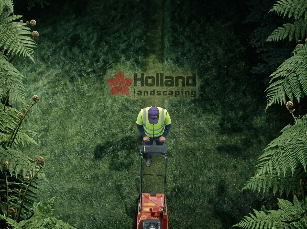 Aerial view of a Holland Landscaping crew mowing precision stripes across a commercial Auckland lawn