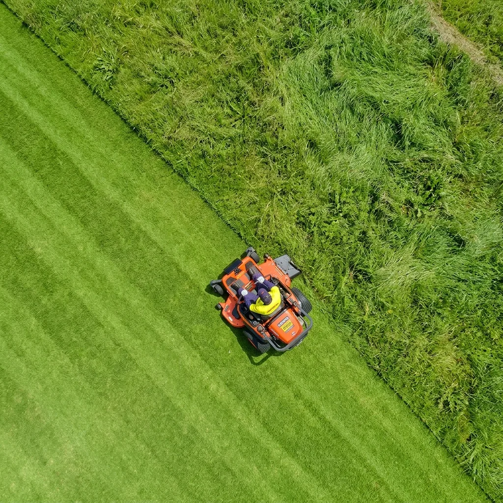 Aerial view of striped commercial lawn mowing in Auckland by Holland Landscaping