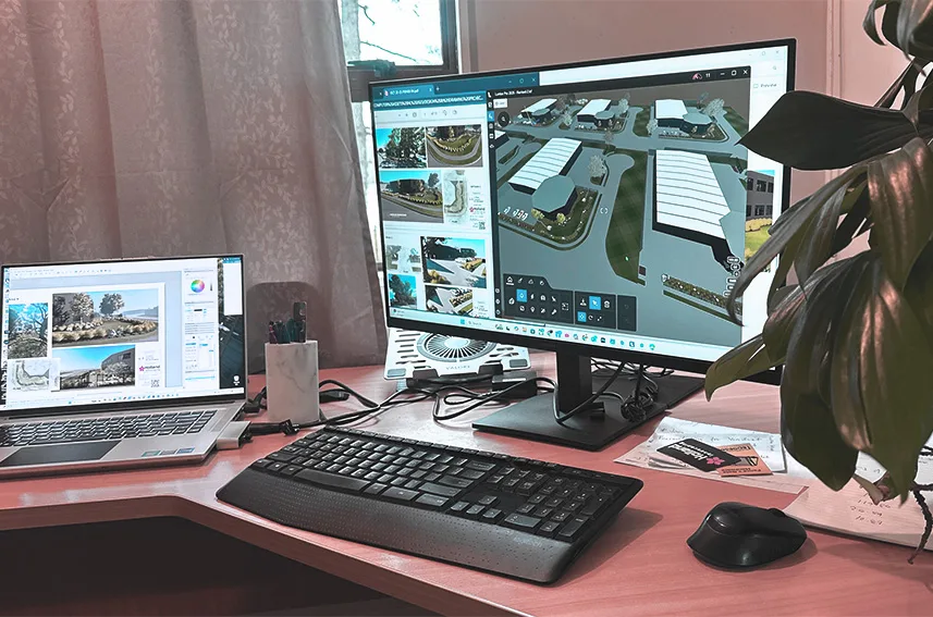 Auckland landscape design render and site plans on a desk
