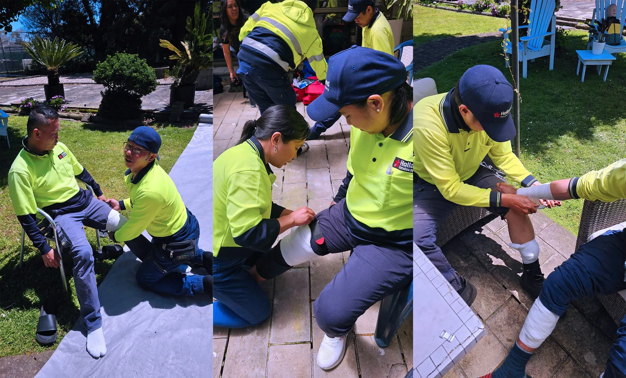 Crew members practising AED use during first aid training