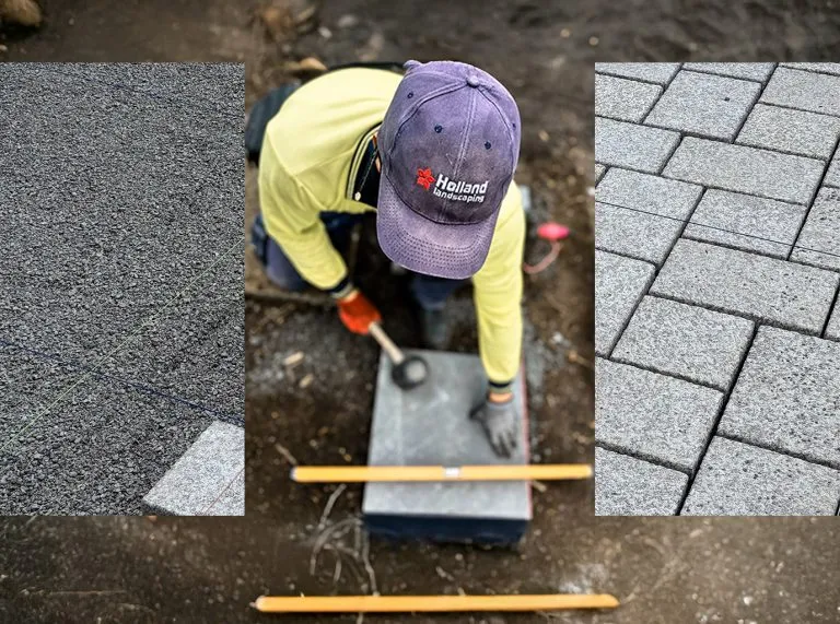 Holland Landscaping crew installing commercial paving on an Auckland site