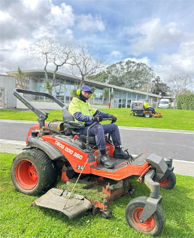 Aerial view of striped commercial lawn mowing in Auckland by Holland Landscaping